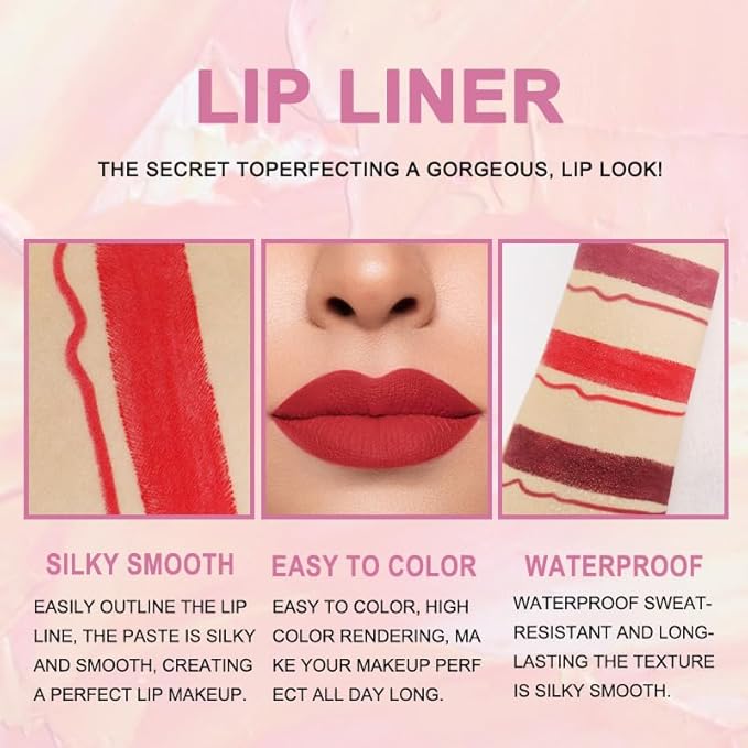 BINGBRUSH 3Pcs Double Ended Mauve Ruby Deep Red Matte Lip Liner and Lipstick Makeup Combo Set for Women, Lipliner 24 Hours Original Waterproof Long Lasting Lip Stains Pencil Kit Set
