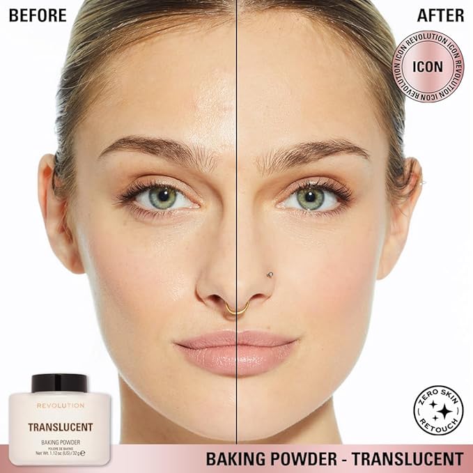Revolution, Loose Baking Powder, Makeup Setting Powder, Long Lasting Coverage, Mattifies & Reduces Shine, Translucent, 1.12 oz