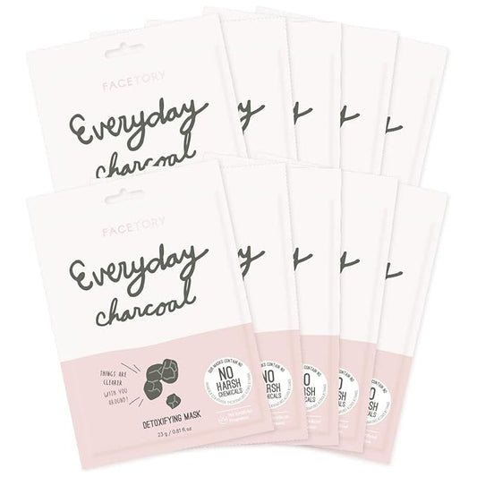 FACETORY K Beauty Face Mask Skin Care - Everyday CHARCOAL Detoxifying Sheet Mask | Plant-Based Charcoal Face Mask (10 Pack)