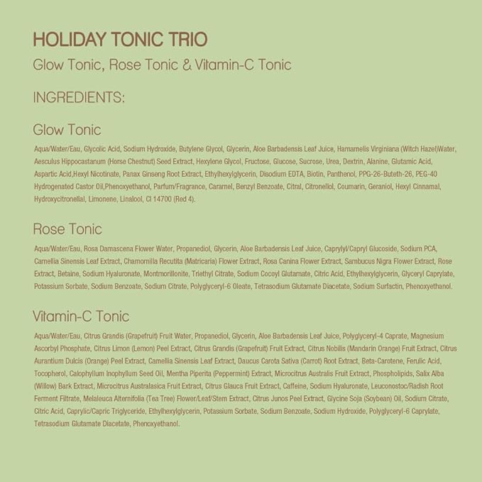 Pixi Beauty Tonic Trio | Holiday Edition Gift Set with 3 Pixi Favorite Tonics | Glow Tonic, Vitamin- C Tonic, Rose Tonic | Calming, Hydrating, Gentle Exfoliating and Smoothing