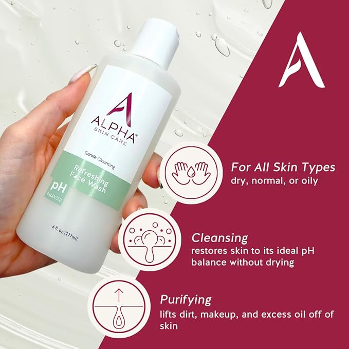 Alpha Skin Care Refreshing Face Wash, Gentle Soap-Free Formula, Citric AHA, Cleanses, Purifies, Tones & Restores pH, All Skin Types, Removes Make-Up & Oil, Anti-Aging Ingredients, 6 Oz, Pack of 2