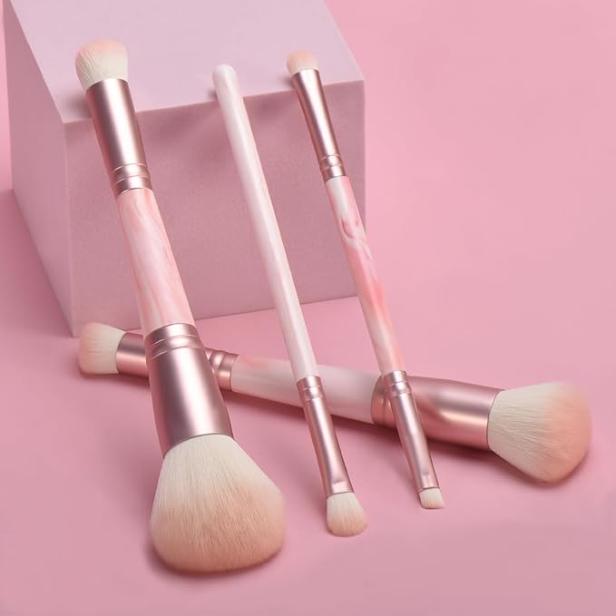 4PCS Pink Dual-Ended Makeup Brushes Set, Soft Synthetic Fiber Foundation Concealer Blending Eyeshadow Kabuki Brush, Travel-Friendly with Pouch, Vegan & Cruelty-Free