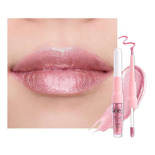 evpct Warm Pink Metallic Glitter Lip Liner and Lipstick Combo Set Long Lasting Waterproof, Metallic Shimmer Lip Gloss Stain Makeup for Women, Warm Pink Frosted Iridescent Glossy Liquid Lipstick 19