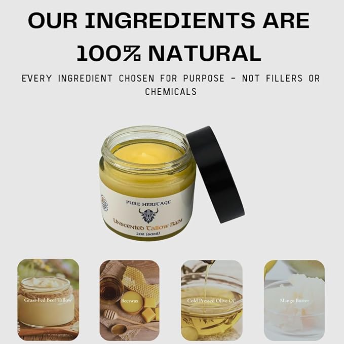 Pure Heritage Handmade Tallow Balm – Unscented Grass-Fed & Finished Moisturizer & Healing Cream | Natural Care for Sensitive Skin, Eczema, Rosacea, Babies, Men & Women (2oz)
