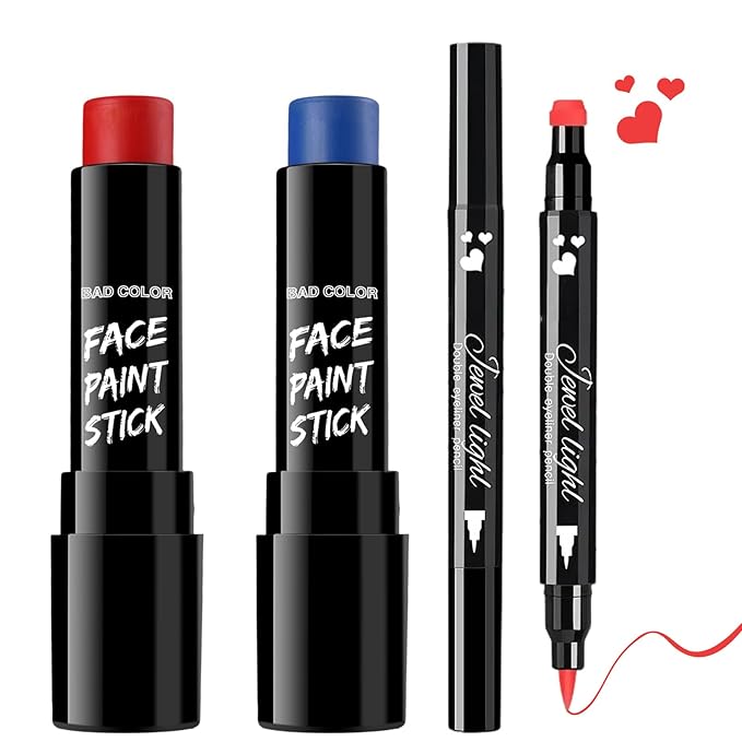 BADCOLOR 3PCS Red Blue Face Body Paint Stick Makeup for Harley/Joker SFX Cosplay & Dress Up, Red Liquid Eyeliner Stamp Pen for Clown Costume Cosplay