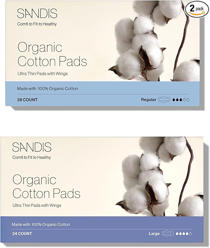SANDIS Feminine Pad for Women - 100% Organic Cotton Ultra Thin with Wings for Periods Menstrual Pads Sanitary Napkins Leak Protection Super Absorbency Bundle Regular+Large