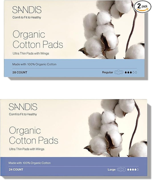 SANDIS Feminine Pad for Women - 100% Organic Cotton Ultra Thin with Wings for Periods Menstrual Pads Sanitary Napkins Leak Protection Super Absorbency Bundle Regular+Large