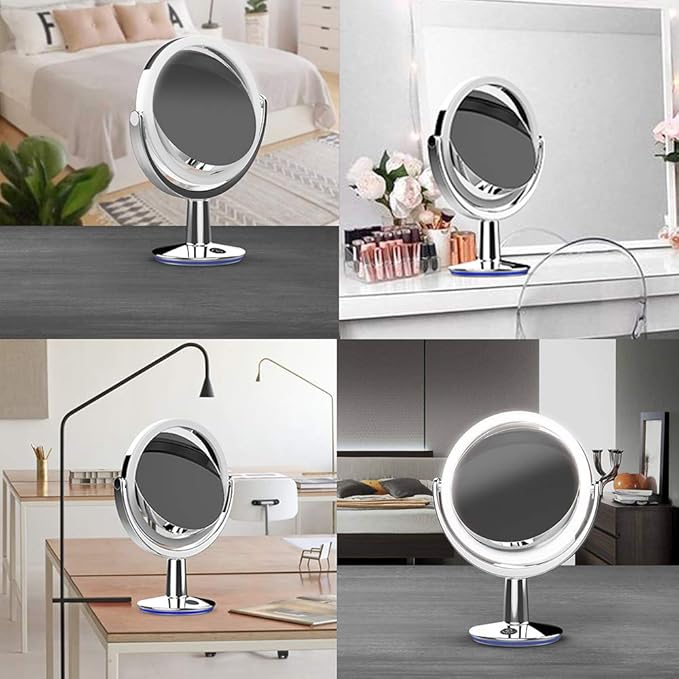 SuperGlow 9" Round Shaped Dual-sided Lighted Makeup Mirror, 1X/5X Magnifying Vanity Mirror, Brightness 1000Lux, 360 Degree Rotating Adjustable Brightness Mirror, Brushed Nickel Finish