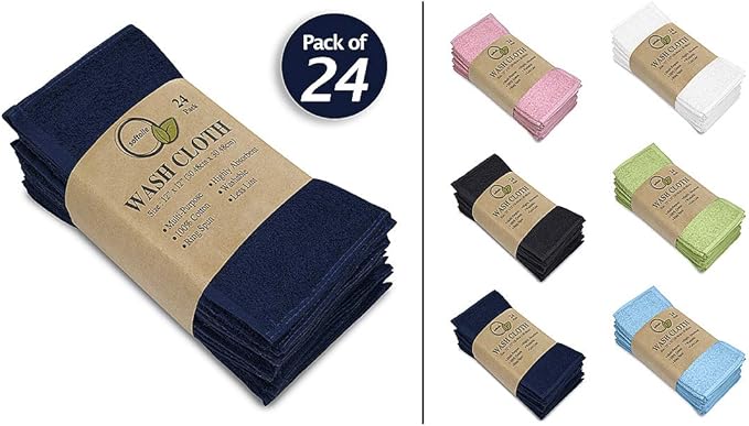 Softolle 100% Cotton Washcloths 24 Pack (12x12 Inches) Soft, Highly Absorbent Washcloth, Face Towels, Wash Cloths for Face, Ring Spun, Bulk Pack (Navy Blue)
