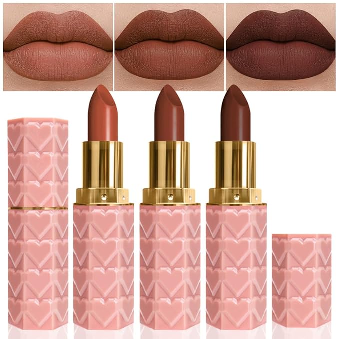 3 Pcs Matte Velvet Lipstick for Women Set,Nude Long Lasting Matte Lip Stick 24H Waterproof for Girls Natural Lip Makeup,Matte Non-Stick Lipstick Makeup for Women,labiales magicos 24 horas originales