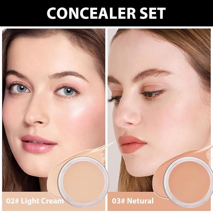 Kaely 2Pcs Pot Concealer Full Coverage Set, Under Eye Brightener Color Correcting Concealer for Dark Circles, Waterproof Foundation Face Makeup Brush Kit, Eye Ring Corrector de ojeras, 02+03
