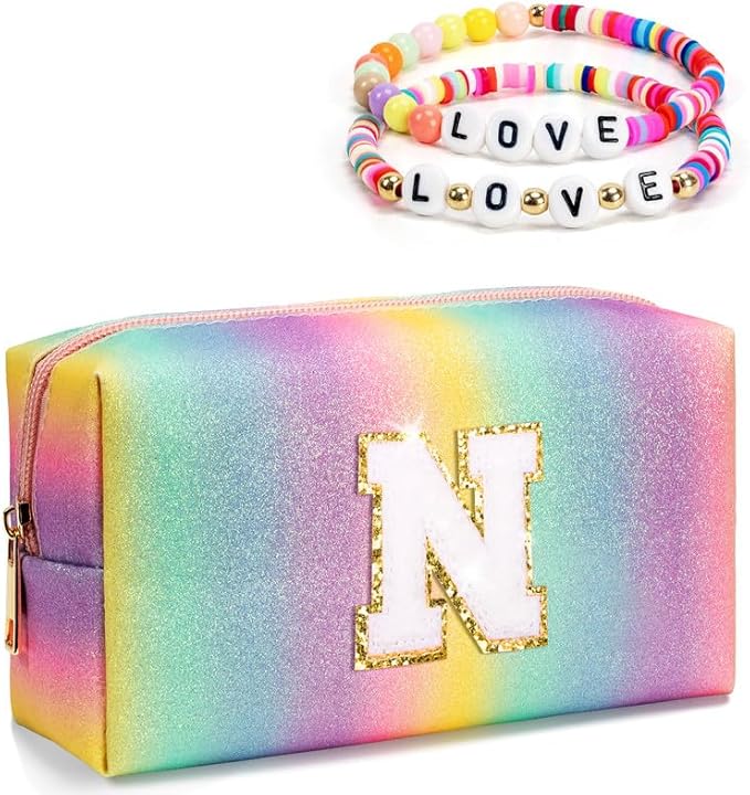 Monogrammed Gifts for Women Girl Kids, Preppy Vanity Bag, Makeup Travel Toiletry Bag with Zipper, Personalized Birthday Gift, Bridal Shower Gift, Flower Girls Gift (Medium)