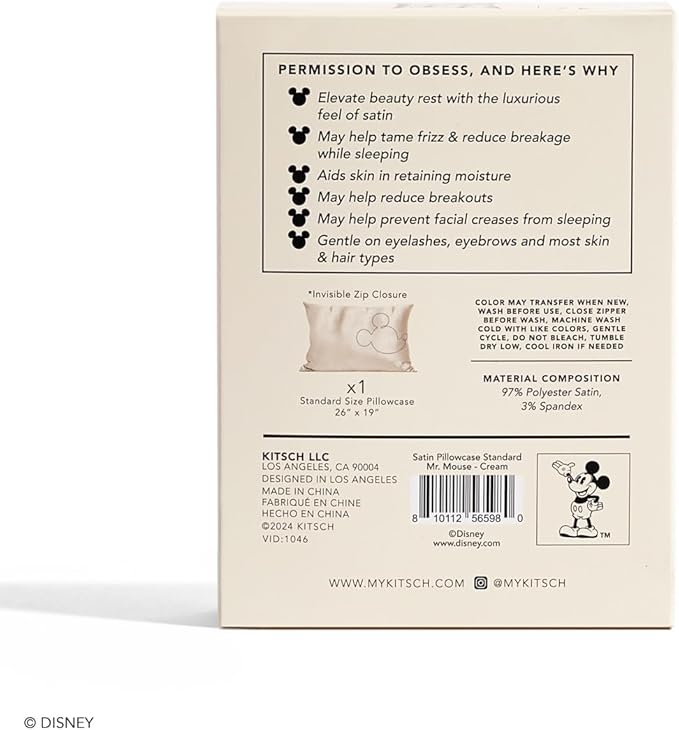 Kitsch & Disney Mickey Mouse Satin Pillowcase with Zipper Softer Than Silk, Cooling Pillow Case for Hair & Skin, Wrinkle-Free, Washable, Queen/Standard (19x26)