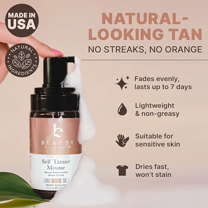 Self Tanner Mousse - USA Made with Natural & Organic Ingredients, Self Tanning Mousse for Dark Fake Tan, Sunless Tanner, Clear & Non Toxic Tanning Foam for Streak Free Finish & Natural Glow