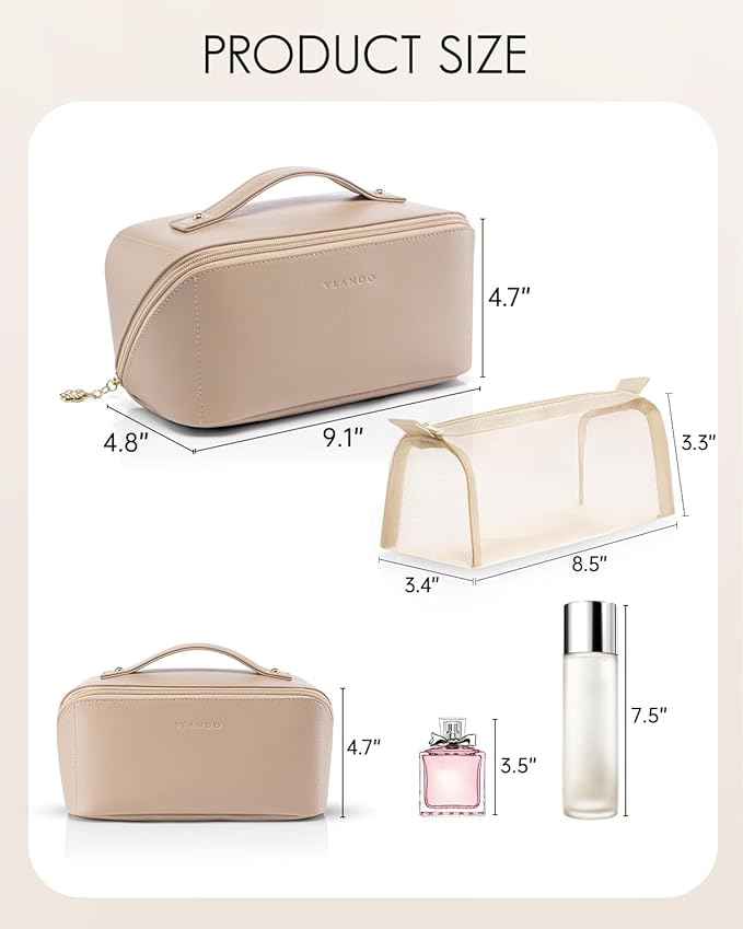 Vlando Makeup Bag,Gifts for Teachers,Large Capacity Toiletry Bag for Women Waterproof Portable Make up Pouch PU Leather Open Flat Cosmetic Bag(Toffee)