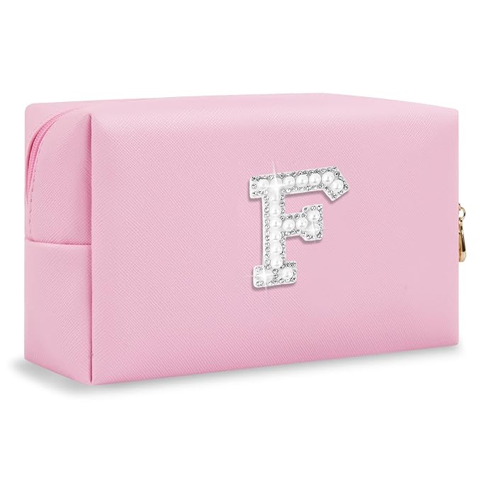 ChaoGreat Bride Gifts – Personalized Initial Makeup Bag with Pearl Rhinestone Patch, Preppy Pink Monogram Cosmetic/Toiletry Pouch, bridesmaid Gifts, Bridal Shower Gifts, Wedding Gifts, Bridal Gifts,F