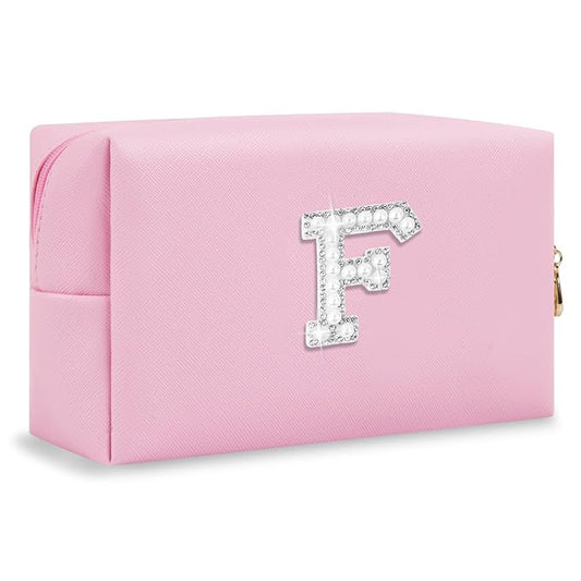 ChaoGreat Bride Gifts – Personalized Initial Makeup Bag with Pearl Rhinestone Patch, Preppy Pink Monogram Cosmetic/Toiletry Pouch, bridesmaid Gifts, Bridal Shower Gifts, Wedding Gifts, Bridal Gifts,F