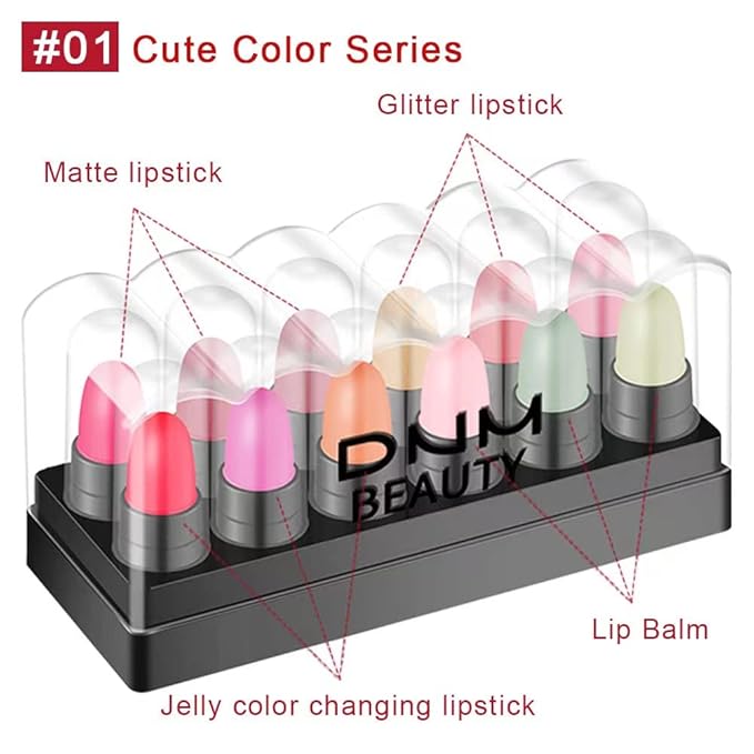 12 Pcs Capsule Lipstick Packs: 3 Strawberry Mint Apple Flavor Lip Balm, 3 Color Changer Jelly Lipstick, 3 Matte, 3 Metallic, Long Lasting Waterproof