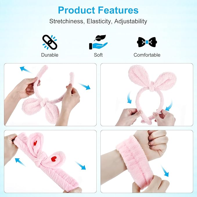 4Pack Headband and Wristband Set for Washing Face, Spa Skincare Makeup Headband, Soft Puffy Hair Band Bow Tie, for Women and Teen Girl Trendy Stuff Gifts