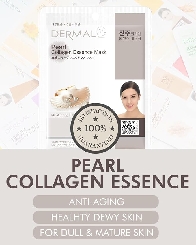 DERMAL Pearl Collagen Essence Facial Mask Sheet 23g Pack of 10 - Clarify Skin, Skin Smooth, Daily Skin Treatment Solution Sheet Mask