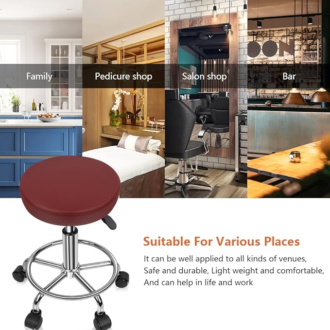 KKTONER PU Leather Round Rolling Stool with Foot Rest Swivel Height Adjustment Spa Drafting Salon Tattoo Work Office Massage Stools Task Chair Cushion 14 inches (Red)