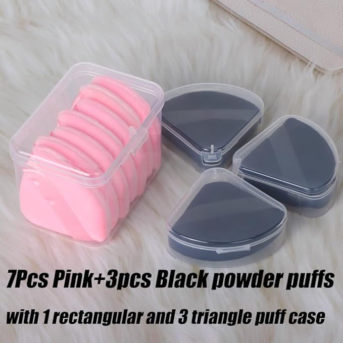 Ocim 10Pcs Powder Puffs for Face Powder,Soft Velour Triangle Beauty Puff,Makeup Pressed,Baking & Setting Powder Sponge Applicator Pads with Case,Black&Pink