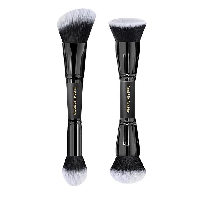LORYP Black Makeup Brushes 2Pcs Duo End Foundation Powder Brush Set, Blush & Highlighter Brush and Round & Flat Foundation Brush