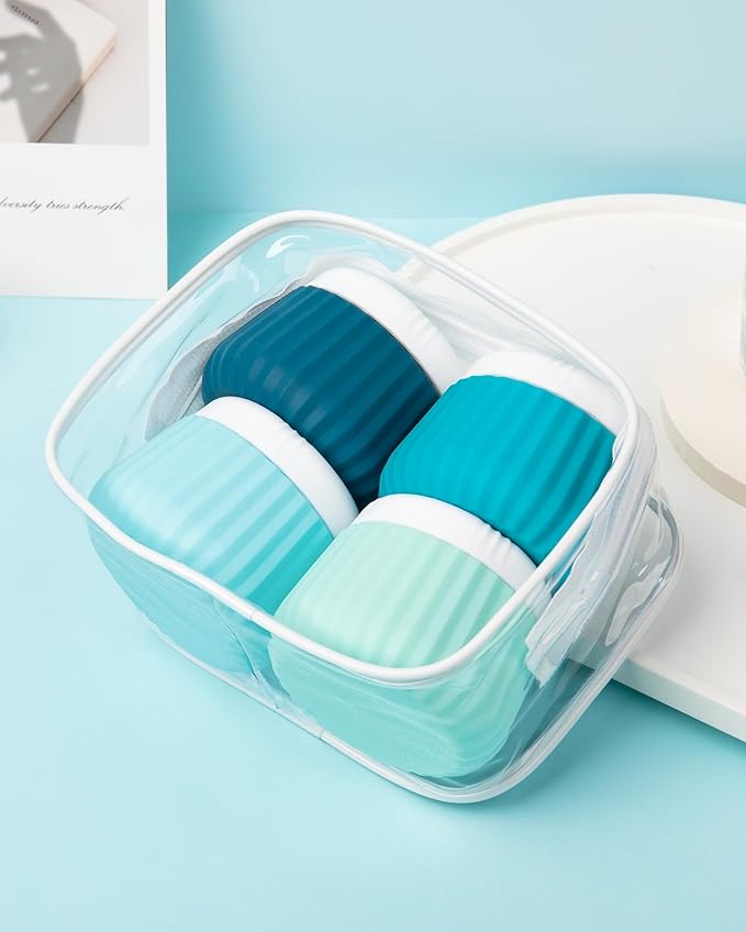 Travel Containers for Toiletries 4 Pack, TSA Approved Travel Size Toiletries, Travel Size Containers, With Clear Bag Leak Proof Silicone Jars, Travel Essentials Creams Jars Carrying Small Items