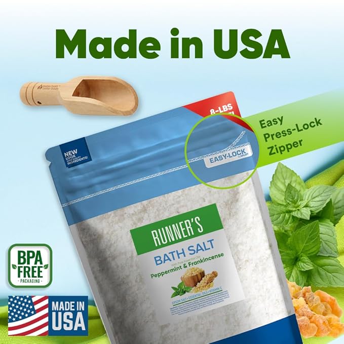 Runner's Bath Salt 128 Ounces (8 Lbs) Soothing Epsom Salt Bath Soaks with Natural Peppermint and Frankincense Essential Oils Plus Vitamin C in BPA Free Pouch with Easy Press Lock Seal Made in USA