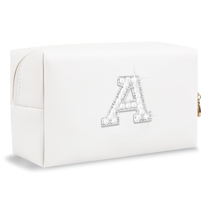 Bride Gifts – Personalized Initial Makeup Bag with Pearl Rhinestone Patch, Preppy White Monogram Cosmetic/Toiletry Pouch, bridesmaid Gifts, Bridal Shower Gifts, Wedding Gifts, Bridal Gifts,A