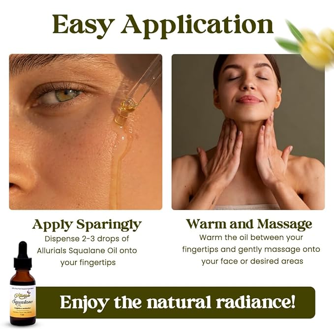 Allurials 100% Organic & All Natural Plant-Based Squalane Oil for Face, Hair, & Body, Cold Pressed and Unrefined Premium Grade Multipurpose Facial Oil for Moisturize, Smooth, and Soften Skin - 1 Oz