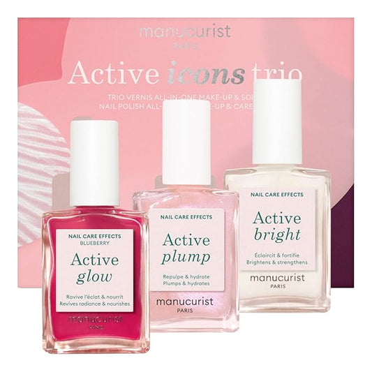 Manucurist Active Icons Trio Christmas Gift Set - Active Glow Blueberry, Active Shine, Active Plump Nail Polishes - Nail Strengthener - Brightening Treatment Polish & Care - Gifts for Women