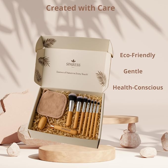 Self Care Unique Organic Spa Set for Teens, Women – Eco Friendly Box with Bamboo Makeup Brush, Wooden Jade Roller & Soft Face Towel – Natural Vegan Gift Box for Birthdays, Holidays & Relaxing Spa Day
