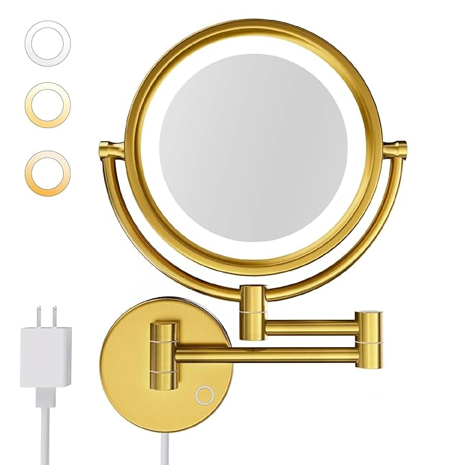 GURUN 8.5" Plug-in Magnifying Makeup Mirror with 3 Tones Dimmable LED Lights Double Sided Touch Control Wall Mounted Vanity Mirror for Bathroom with 10X Magnification M1809DGJ-T (Brushed Gold)