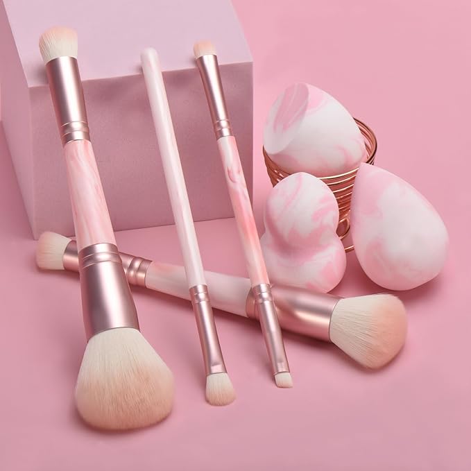 4PCS Pink Dual-Ended Makeup Brushes & Blending Sponge Set, Professional Foundation Concealer Eyeshadow Kabuki Brush with, for Liquid Powder Cream, Vegan & Cruelty-Free