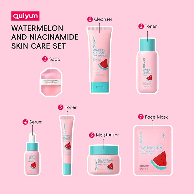 Watermelon Skin Care Kit for Girls Teen, 7 Daily Routine Beauty Skincare Sets- Gift Set with Facial Cleanser, Toner, Eye Cream, Cream, Serum, Facial Mask, Handmade Soap, Face Care Set for Travel