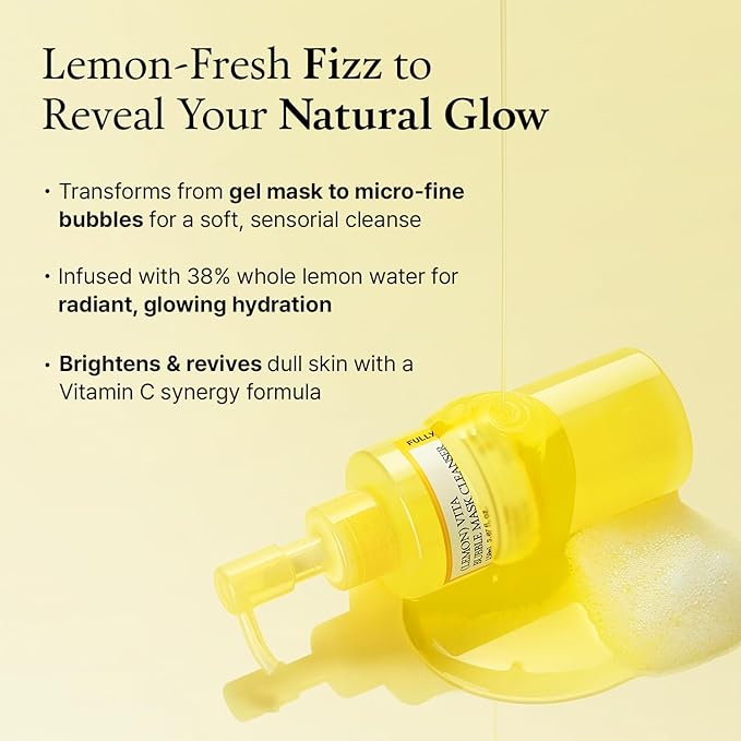 FULLY Lemon Vita Bubble Mask Cleanser, Self-Bubbling Gel-to-Foam Face Wash, Vitamin C + Jeju Lemon Water for Brightening, Radient Smooth Skin, Hydration, Vegan Korean Skincare, 5.07 fl.oz