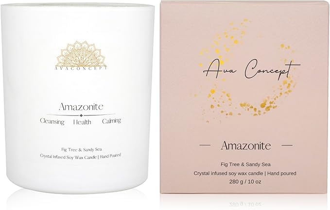 Fig & Sandy Sea Scented Crystal Candle in 10 oz Jar - Natural Crystal for Energy, Harmony and Balance - Elegant Home Decor and Gift Idea, Scented Candle, Rose