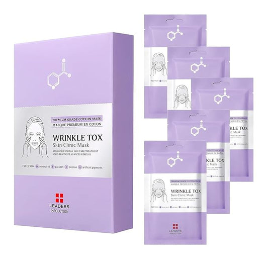 Leaders Insolution Wrinkle Tox Skin Clinic Mask | Adenosine-Infused Anti-Aging Facial Sheet for Fine Lines, Wrinkles, and Firmness | Premium Grade Cotton, Collagen Boosting (5 Sheets)