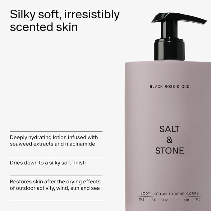 Salt & Stone Body Lotion for Women & Men| Scented Daily Body Lotion | Hydrates, Nourishes & Softens Skin | Restores Dry Skin | Fast-Absorbing | Cruelty-Free & Vegan (450 ml) (Black Rose & Oud)