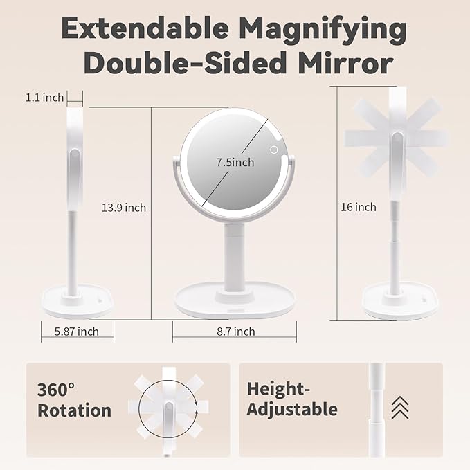 Makeup Mirror with Lights, 10x Magnifying Mirror with Light, 3 Color Lights, Double Side Touch Control, Height Adjustable, Vanity Mirror for Travel, Type-C Fast Charge, Gifts for Women