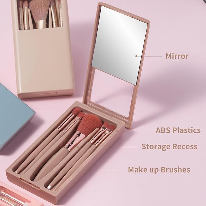 Makeup Brushes Set Beauty Mirro Rconcealer Brush Travel Essentials for Women Ntegrated with Folding Mirror And Storage Box (Apricot)