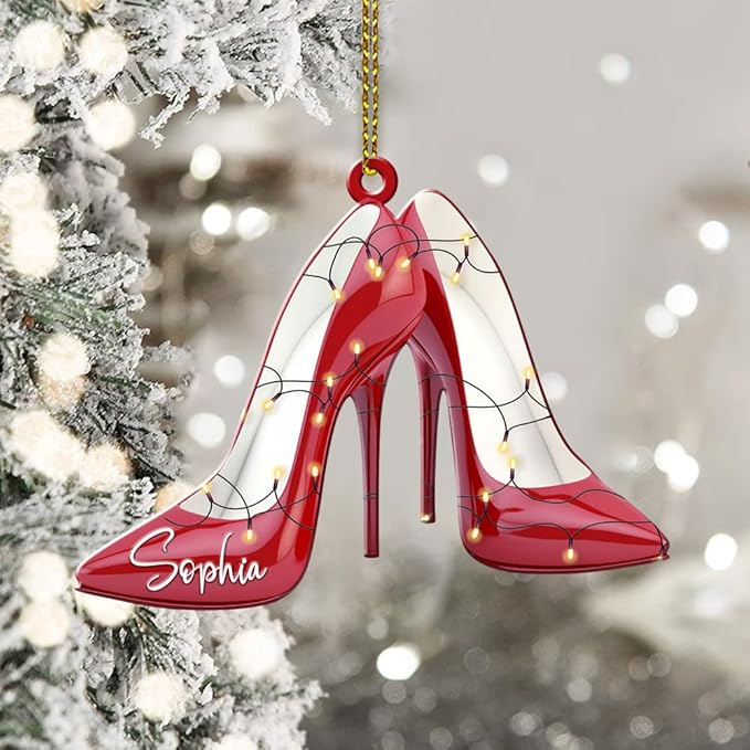 Personalized Name Red Shoes Christmas Shape Flat Ornament, Red High Heel Shoe Xmas Ornament, Shoe Lover Hanging Tree Keepsake, 99