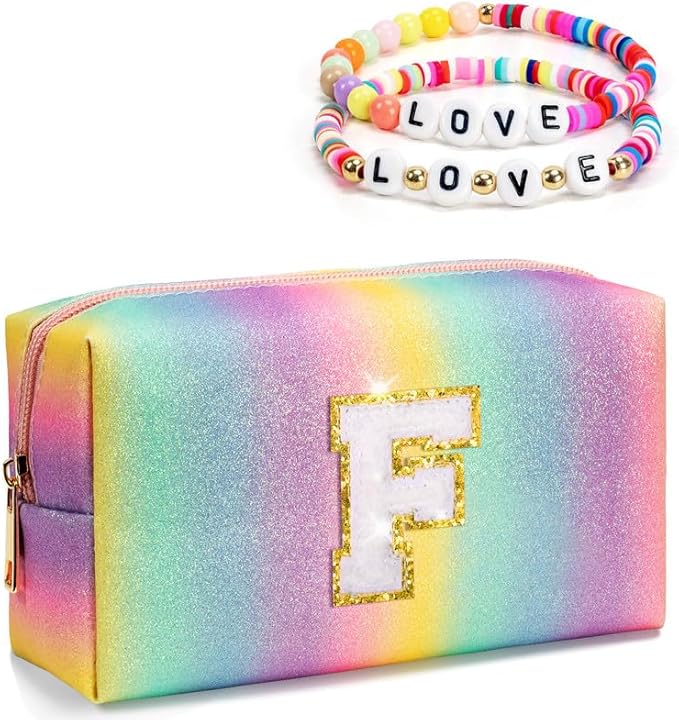 Preppy Makeup Bag, Gifts for Girls Teen Girls, Initial Toiletry Bag for Kids, Personalized Skin Care Zipper Bag, Girls Accessory Pouch, Cute Tween Girls Trendy Stuff (Small)