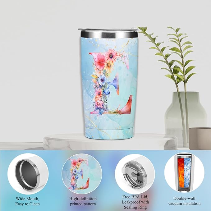 Personalized Gifts Monogrammed Birthday Gifts for Women, Daughter Bestie Friendship Christmas Initial 20 oz Tumbler, Makeup Bag Cup Ballpoint Pens Journal Notebook 6 Set, (Aesthetic Blue Flower E)