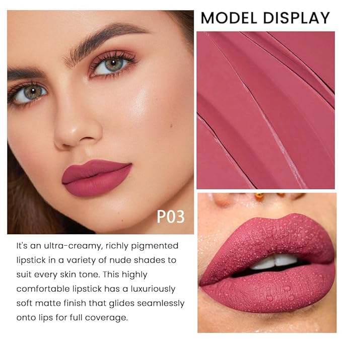 evpct 1Pcs Rose Pink Lipstick, Silky Velvet Matte Lipstick Pack Sets for Women, Long Lasting Smudge Proof Lipstick Lip Stain Makeup Kit matte lipstick 24 hours original P03