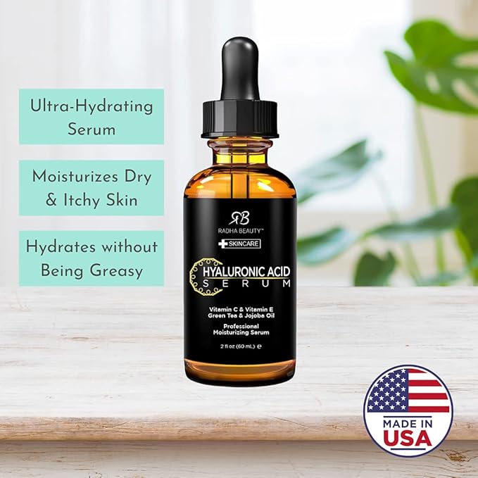Radha Beauty Hyaluronic Acid Serum for Skin, 2 fl. oz - Infused with Vitamin C, Vitamin E, Green Tea & Jojoba Oil, Intensive Moisture and Hydration for Anti-Aging, Wrinkles, and Fine Lines