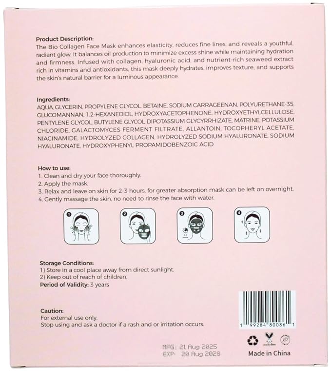Bio Collagen Face Mask – Deep Collagen Overnight Mask, Hydrating Collagen Face Mask– Overnight Skincare Treatment for Women & Men – Moisturizing Facial Sheet Mask