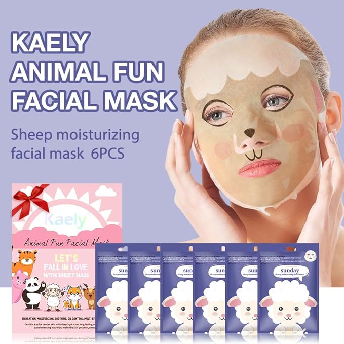 Kaely 6 Pack Animal Character Sheet Masks, Face Masks for Kids Teens Skin Care, Korean Soothe Facial Mask for All Skin Types, Girls Night Skincare Spa Party, Birthday Gifts for Women Men, Set07