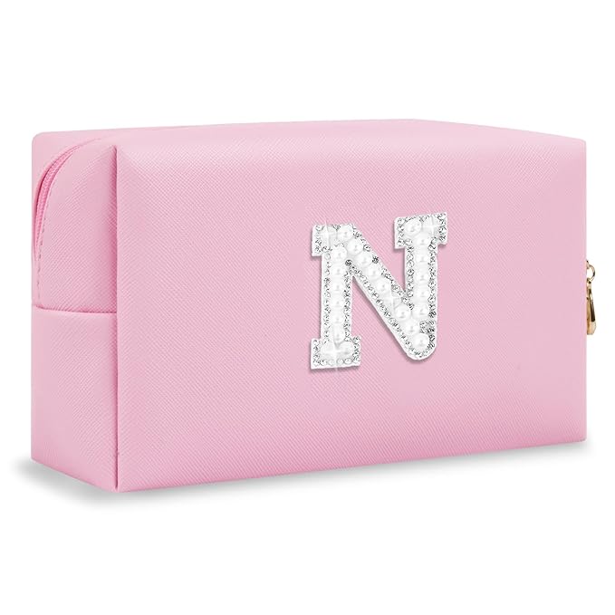 ChaoGreat Bride Gifts – Personalized Initial Makeup Bag with Pearl Rhinestone Patch, Preppy Pink Monogram Cosmetic/Toiletry Pouch, bridesmaid Gifts, Bridal Shower Gifts, Wedding Gifts, Bridal Gifts,N